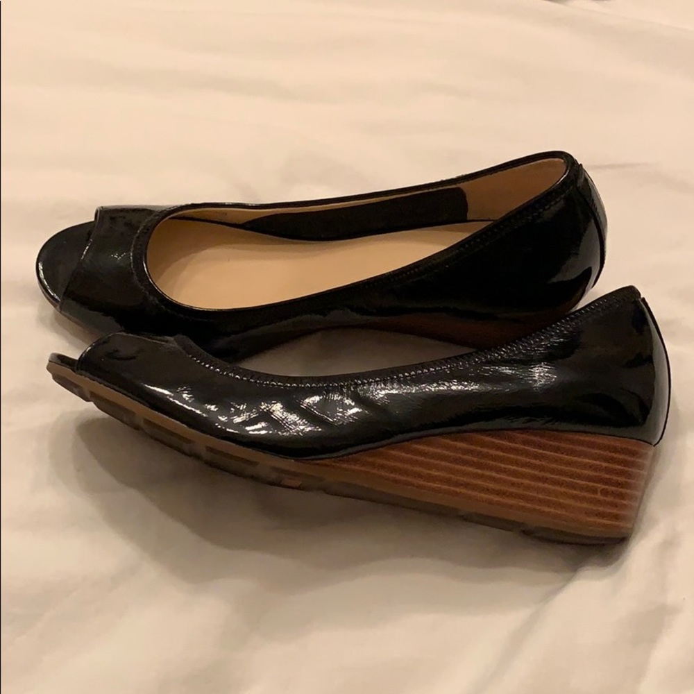 Cole Haan open toe black wedge patent leather 7.5